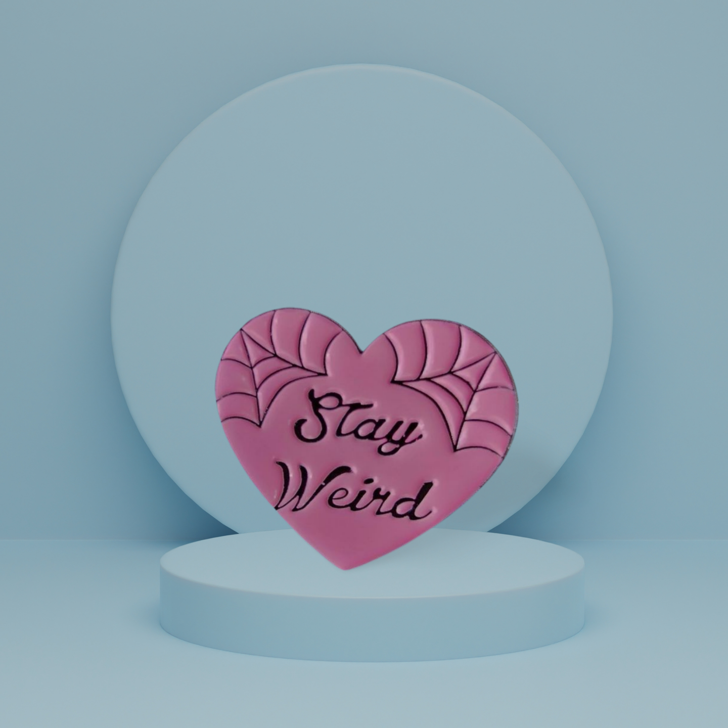 "Stay Weird" Pink Heart Enamel Pin with Cobweb Design