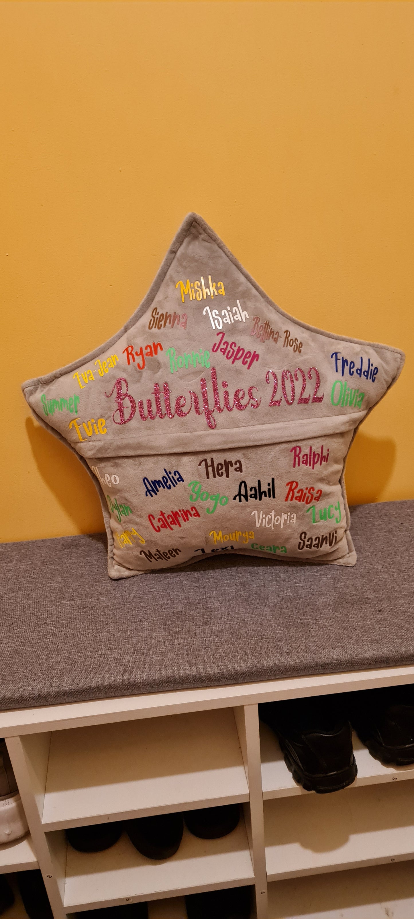Teachers star cushion with class names.