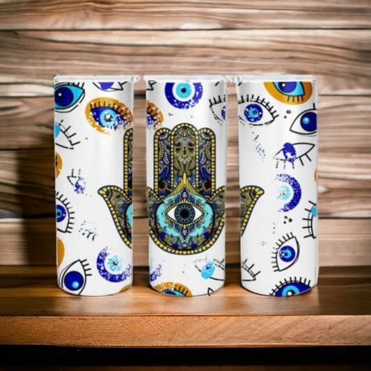 White and blue 20oz stainless steel evil eye tumbler